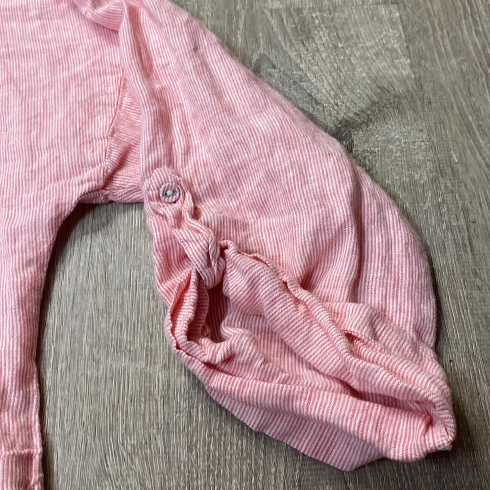 Chico's Womens Sz 0 Button Up Roll Sleeve Striped Linen Tunic  Pink Pockets - Picture 5 of 5